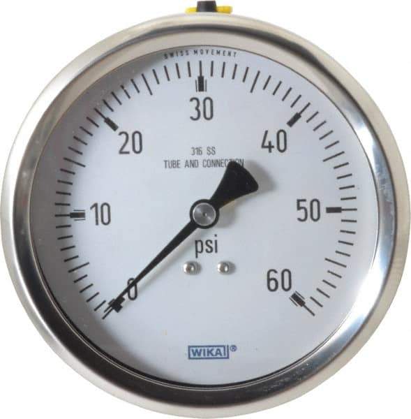 Wika - 4" Dial, 1/2 Thread, 0-60 Scale Range, Pressure Gauge - Lower Back Connection Mount, Accurate to 1% of Scale - Industrial Tool & Supply