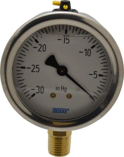 Wika - 2-1/2" Dial, 1/4 Thread, 30-0 Scale Range, Pressure Gauge - Lower Connection Mount, Accurate to 1.5% of Scale - Industrial Tool & Supply