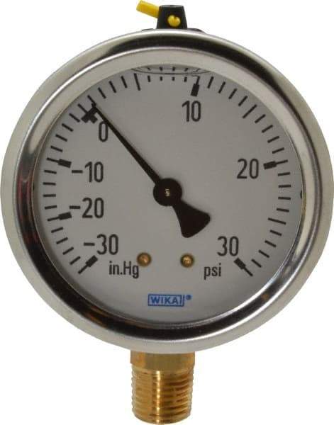 Wika - 2-1/2" Dial, 1/4 Thread, 30-0-30 Scale Range, Pressure Gauge - Lower Connection Mount, Accurate to 1.5% of Scale - Industrial Tool & Supply