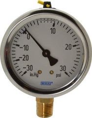 Wika - 2-1/2" Dial, 1/4 Thread, 30-0-30 Scale Range, Pressure Gauge - Lower Connection Mount, Accurate to 1.5% of Scale - Industrial Tool & Supply