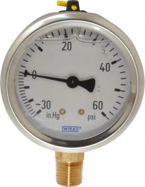 Wika - 2-1/2" Dial, 1/4 Thread, 30-0-60 Scale Range, Pressure Gauge - Lower Connection Mount, Accurate to 1.5% of Scale - Industrial Tool & Supply
