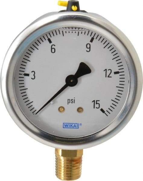 Wika - 2-1/2" Dial, 1/4 Thread, 0-15 Scale Range, Pressure Gauge - Lower Connection Mount, Accurate to 1.5% of Scale - Industrial Tool & Supply