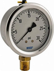Wika - 2-1/2" Dial, 1/4 Thread, 0-30 Scale Range, Pressure Gauge - Lower Connection Mount, Accurate to 1.5% of Scale - Industrial Tool & Supply