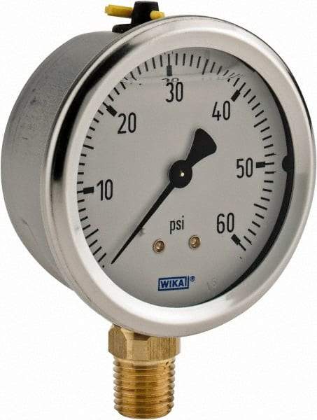 Wika - 2-1/2" Dial, 1/4 Thread, 0-60 Scale Range, Pressure Gauge - Lower Connection Mount, Accurate to 1.5% of Scale - Industrial Tool & Supply