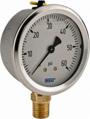 Wika - 2-1/2" Dial, 1/4 Thread, 0-60 Scale Range, Pressure Gauge - Lower Connection Mount, Accurate to 1.5% of Scale - Industrial Tool & Supply