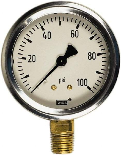 Wika - 4" Dial, 1/2 Thread, 0-15 Scale Range, Pressure Gauge - Lower Back Connection Mount, Accurate to 1% of Scale - Industrial Tool & Supply