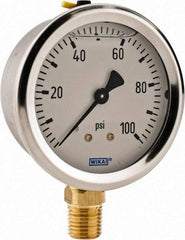 Wika - 2-1/2" Dial, 1/4 Thread, 0-100 Scale Range, Pressure Gauge - Lower Connection Mount, Accurate to 2-1-2% of Scale - Industrial Tool & Supply
