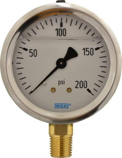 Wika - 2-1/2" Dial, 1/4 Thread, 0-200 Scale Range, Pressure Gauge - Lower Connection Mount, Accurate to 1.5% of Scale - Industrial Tool & Supply