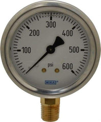 Wika - 2-1/2" Dial, 1/4 Thread, 0-600 Scale Range, Pressure Gauge - Lower Connection Mount, Accurate to 1.5% of Scale - Industrial Tool & Supply