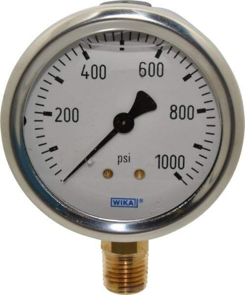 Wika - 2-1/2" Dial, 1/4 Thread, 0-1,000 Scale Range, Pressure Gauge - Lower Connection Mount, Accurate to 1.5% of Scale - Industrial Tool & Supply