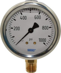 Wika - 2-1/2" Dial, 1/4 Thread, 0-1,000 Scale Range, Pressure Gauge - Lower Connection Mount, Accurate to 1.5% of Scale - Industrial Tool & Supply