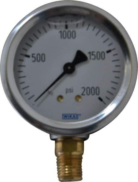 Wika - 2-1/2" Dial, 1/4 Thread, 0-2,000 Scale Range, Pressure Gauge - Lower Connection Mount, Accurate to 1.5% of Scale - Industrial Tool & Supply
