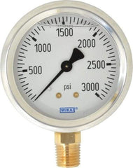 Wika - 2-1/2" Dial, 1/4 Thread, 0-3,000 Scale Range, Pressure Gauge - Lower Connection Mount, Accurate to 1.5% of Scale - Industrial Tool & Supply