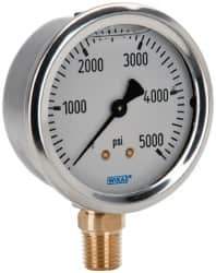 Wika - 2-1/2" Dial, 1/4 Thread, 0-5,000 Scale Range, Pressure Gauge - Lower Connection Mount, Accurate to 1.5% of Scale - Industrial Tool & Supply