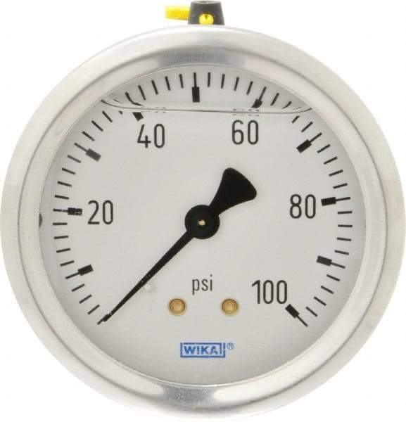 Wika - 2-1/2" Dial, 1/4 Thread, 0-100 Scale Range, Pressure Gauge - Center Back Connection Mount, Accurate to 1.5% of Scale - Industrial Tool & Supply
