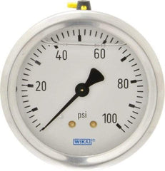 Wika - 2-1/2" Dial, 1/4 Thread, 0-100 Scale Range, Pressure Gauge - Center Back Connection Mount, Accurate to 1.5% of Scale - Industrial Tool & Supply
