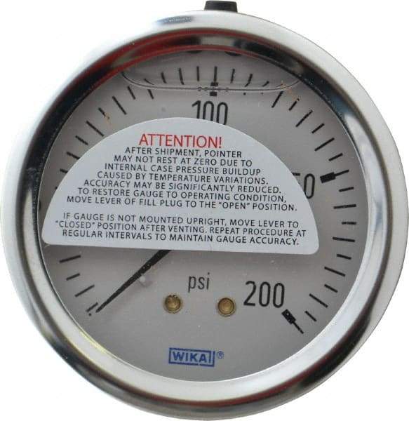 Wika - 2-1/2" Dial, 1/4 Thread, 0-200 Scale Range, Pressure Gauge - Center Back Connection Mount, Accurate to 1.5% of Scale - Industrial Tool & Supply