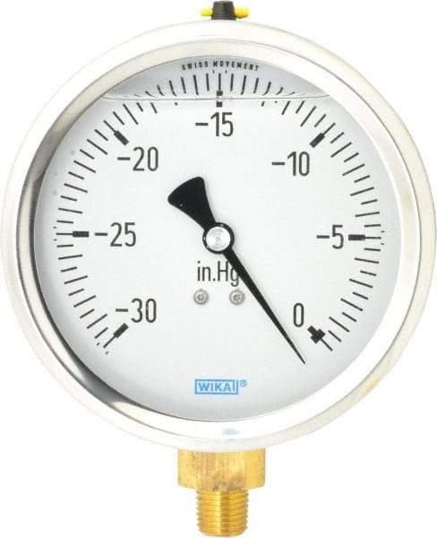 Wika - 4" Dial, 1/4 Thread, 30-0 Scale Range, Pressure Gauge - Lower Connection Mount, Accurate to 1% of Scale - Industrial Tool & Supply