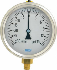 Wika - 4" Dial, 1/4 Thread, 30-0-15 Scale Range, Pressure Gauge - Lower Connection Mount, Accurate to 1% of Scale - Industrial Tool & Supply