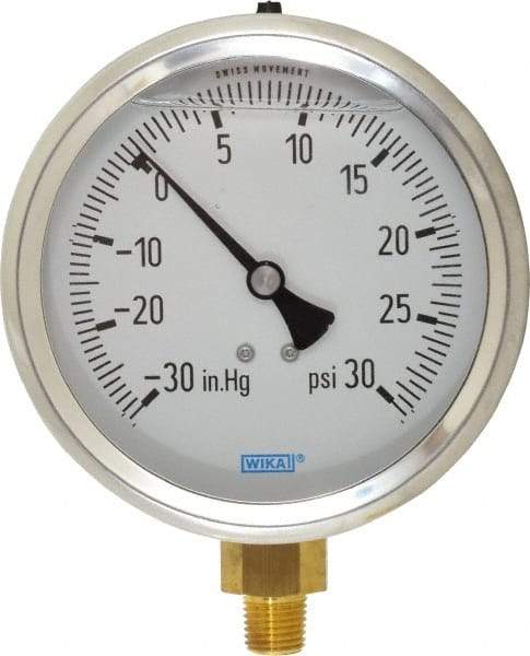 Wika - 4" Dial, 1/4 Thread, 30-0-30 Scale Range, Pressure Gauge - Lower Connection Mount, Accurate to 1% of Scale - Industrial Tool & Supply