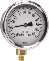 Wika - 4" Dial, 1/4 Thread, 30-0-100 Scale Range, Pressure Gauge - Lower Connection Mount, Accurate to 1% of Scale - Industrial Tool & Supply