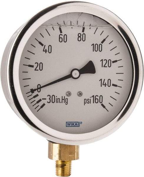 Wika - 4" Dial, 1/4 Thread, 30-0-160 Scale Range, Pressure Gauge - Lower Connection Mount, Accurate to 1% of Scale - Industrial Tool & Supply
