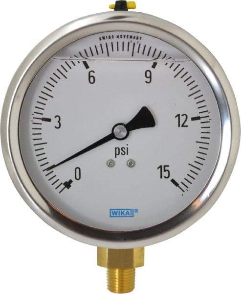 Wika - 4" Dial, 1/4 Thread, 0-15 Scale Range, Pressure Gauge - Lower Connection Mount, Accurate to 1% of Scale - Industrial Tool & Supply