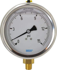 Wika - 4" Dial, 1/4 Thread, 0-15 Scale Range, Pressure Gauge - Lower Connection Mount, Accurate to 1% of Scale - Industrial Tool & Supply