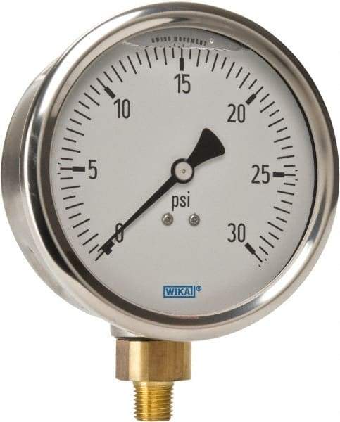 Wika - 4" Dial, 1/4 Thread, 0-30 Scale Range, Pressure Gauge - Lower Connection Mount, Accurate to 1% of Scale - Industrial Tool & Supply