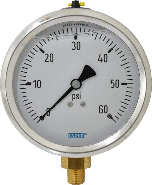 Wika - 4" Dial, 1/4 Thread, 0-60 Scale Range, Pressure Gauge - Lower Connection Mount, Accurate to 1% of Scale - Industrial Tool & Supply