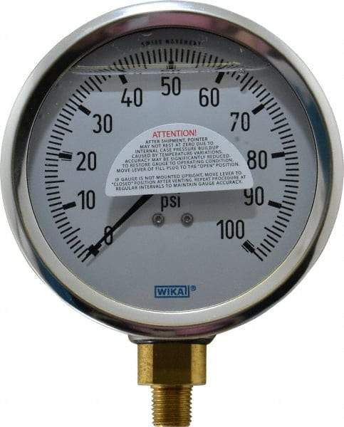 Wika - 4" Dial, 1/4 Thread, 0-100 Scale Range, Pressure Gauge - Lower Connection Mount, Accurate to 1% of Scale - Industrial Tool & Supply