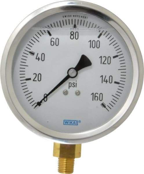 Wika - 4" Dial, 1/4 Thread, 0-160 Scale Range, Pressure Gauge - Lower Connection Mount, Accurate to 1% of Scale - Industrial Tool & Supply