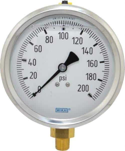Wika - 4" Dial, 1/4 Thread, 0-200 Scale Range, Pressure Gauge - Lower Connection Mount, Accurate to 1% of Scale - Industrial Tool & Supply