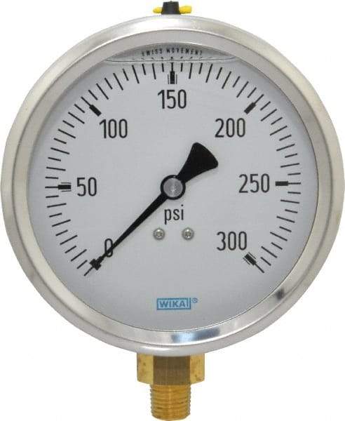 Wika - 4" Dial, 1/4 Thread, 0-300 Scale Range, Pressure Gauge - Lower Connection Mount, Accurate to 1% of Scale - Industrial Tool & Supply
