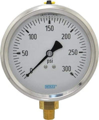 Wika - 4" Dial, 1/4 Thread, 0-300 Scale Range, Pressure Gauge - Lower Connection Mount, Accurate to 1% of Scale - Industrial Tool & Supply