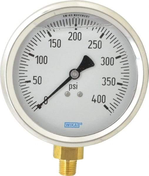Wika - 4" Dial, 1/4 Thread, 0-400 Scale Range, Pressure Gauge - Lower Connection Mount, Accurate to 1% of Scale - Industrial Tool & Supply