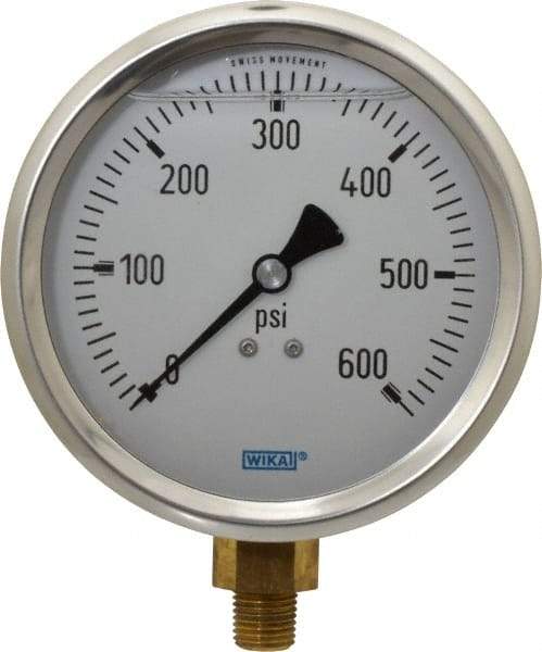 Wika - 4" Dial, 1/4 Thread, 0-600 Scale Range, Pressure Gauge - Lower Connection Mount, Accurate to 1% of Scale - Industrial Tool & Supply