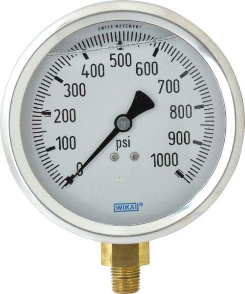 Wika - 4" Dial, 1/4 Thread, 0-1,000 Scale Range, Pressure Gauge - Lower Connection Mount, Accurate to 1% of Scale - Industrial Tool & Supply