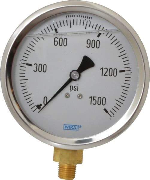 Wika - 4" Dial, 1/4 Thread, 0-1,500 Scale Range, Pressure Gauge - Lower Connection Mount, Accurate to 1% of Scale - Industrial Tool & Supply