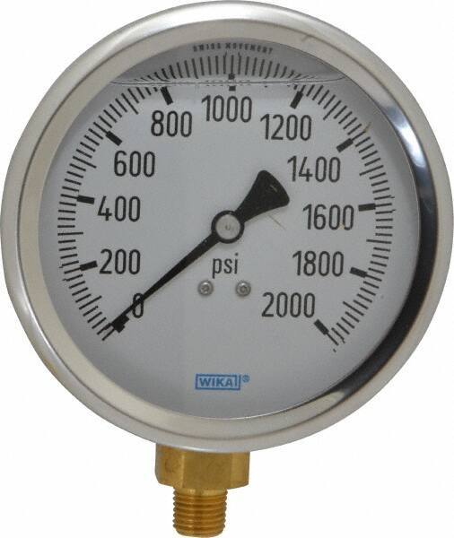 Wika - 4" Dial, 1/4 Thread, 0-2,000 Scale Range, Pressure Gauge - Lower Connection Mount, Accurate to 1% of Scale - Industrial Tool & Supply