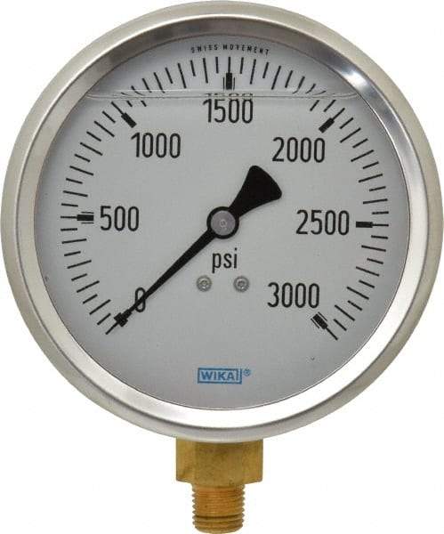 Wika - 4" Dial, 1/4 Thread, 0-3,000 Scale Range, Pressure Gauge - Lower Connection Mount, Accurate to 1% of Scale - Industrial Tool & Supply