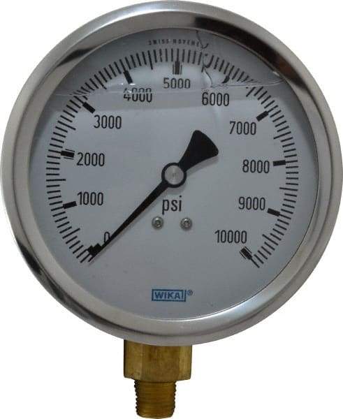 Wika - 4" Dial, 1/4 Thread, 0-10,000 Scale Range, Pressure Gauge - Lower Connection Mount, Accurate to 1% of Scale - Industrial Tool & Supply