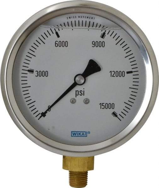 Wika - 4" Dial, 1/4 Thread, 0-15,000 Scale Range, Pressure Gauge - Lower Connection Mount, Accurate to 1% of Scale - Industrial Tool & Supply