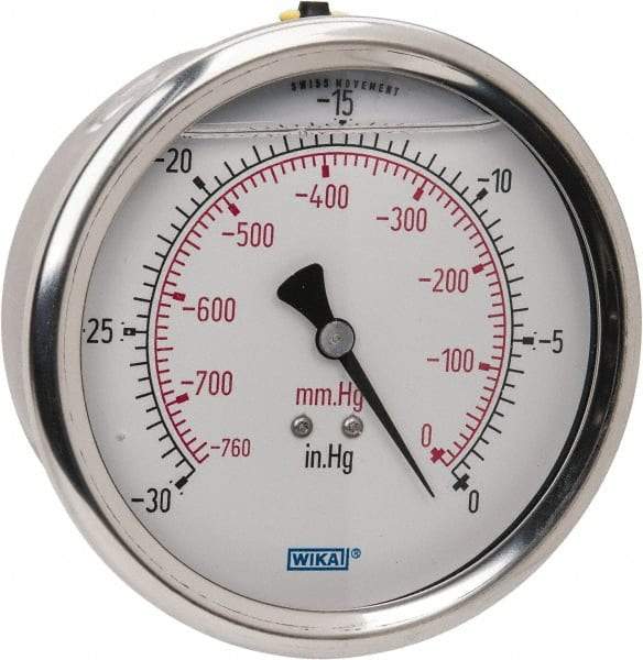 Wika - 4" Dial, 1/4 Thread, 30-0 Scale Range, Pressure Gauge - Lower Back Connection Mount, Accurate to 1% of Scale - Industrial Tool & Supply