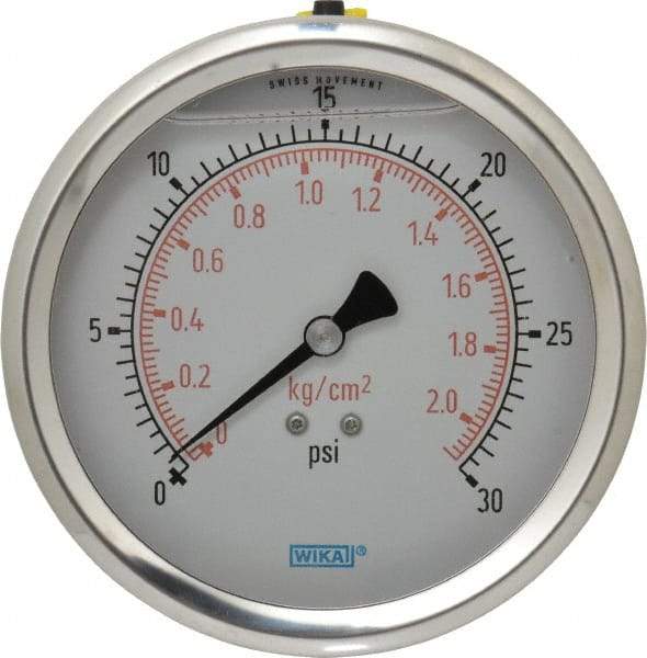 Wika - 4" Dial, 1/4 Thread, 0-30 Scale Range, Pressure Gauge - Lower Back Connection Mount, Accurate to 1% of Scale - Industrial Tool & Supply