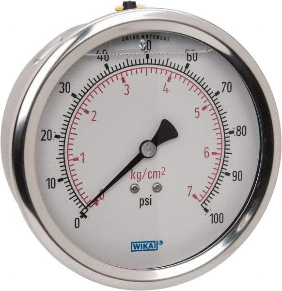 Wika - 4" Dial, 1/4 Thread, 0-100 Scale Range, Pressure Gauge - Lower Back Connection Mount, Accurate to 1% of Scale - Industrial Tool & Supply