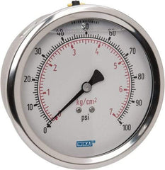 Wika - 4" Dial, 1/4 Thread, 0-100 Scale Range, Pressure Gauge - Lower Back Connection Mount, Accurate to 1% of Scale - Industrial Tool & Supply