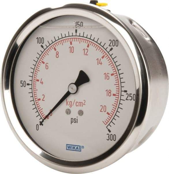Wika - 4" Dial, 1/4 Thread, 0-300 Scale Range, Pressure Gauge - Lower Back Connection Mount, Accurate to 1% of Scale - Industrial Tool & Supply