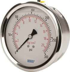 Wika - 4" Dial, 1/4 Thread, 0-300 Scale Range, Pressure Gauge - Lower Back Connection Mount, Accurate to 1% of Scale - Industrial Tool & Supply