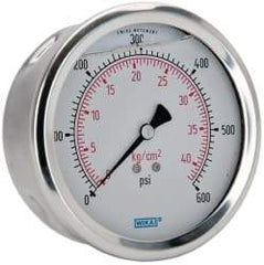 Wika - 4" Dial, 1/4 Thread, 0-600 Scale Range, Pressure Gauge - Lower Back Connection Mount, Accurate to 1% of Scale - Industrial Tool & Supply
